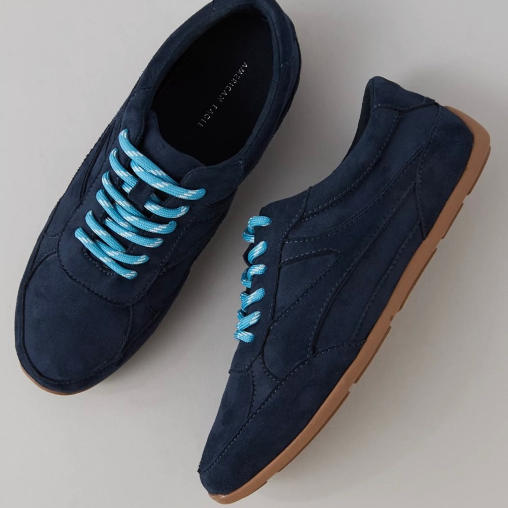 American Eagle Outfitters Navy Suede Sneaker with Aqua Laces - Picture 2 of 8